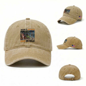 Welcome To Summerween Chillin And Thrillin Washed Cotton Baseball Cap Funny Summer Halloween TS12 Washed Cap Universal Fit Khaki Print Your Wear