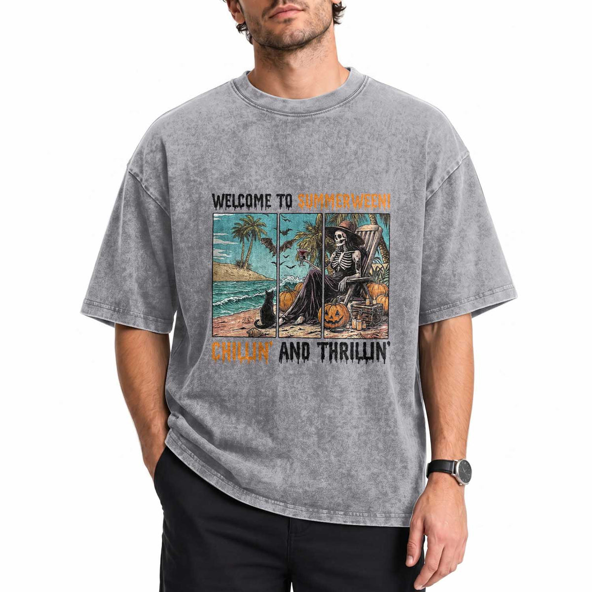 Welcome To Summerween Chillin And Thrillin Washed Cotton T-Shirt Spooky Beach Party Gift