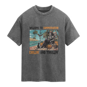 Welcome To Summerween Chillin And Thrillin Washed Cotton T-Shirt Spooky Beach Party Gift
