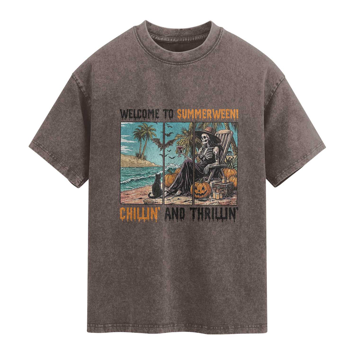 Welcome To Summerween Chillin And Thrillin Washed Cotton T-Shirt Spooky Beach Party Gift