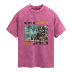 Welcome To Summerween Chillin And Thrillin Washed Cotton T-Shirt Spooky Beach Party Gift