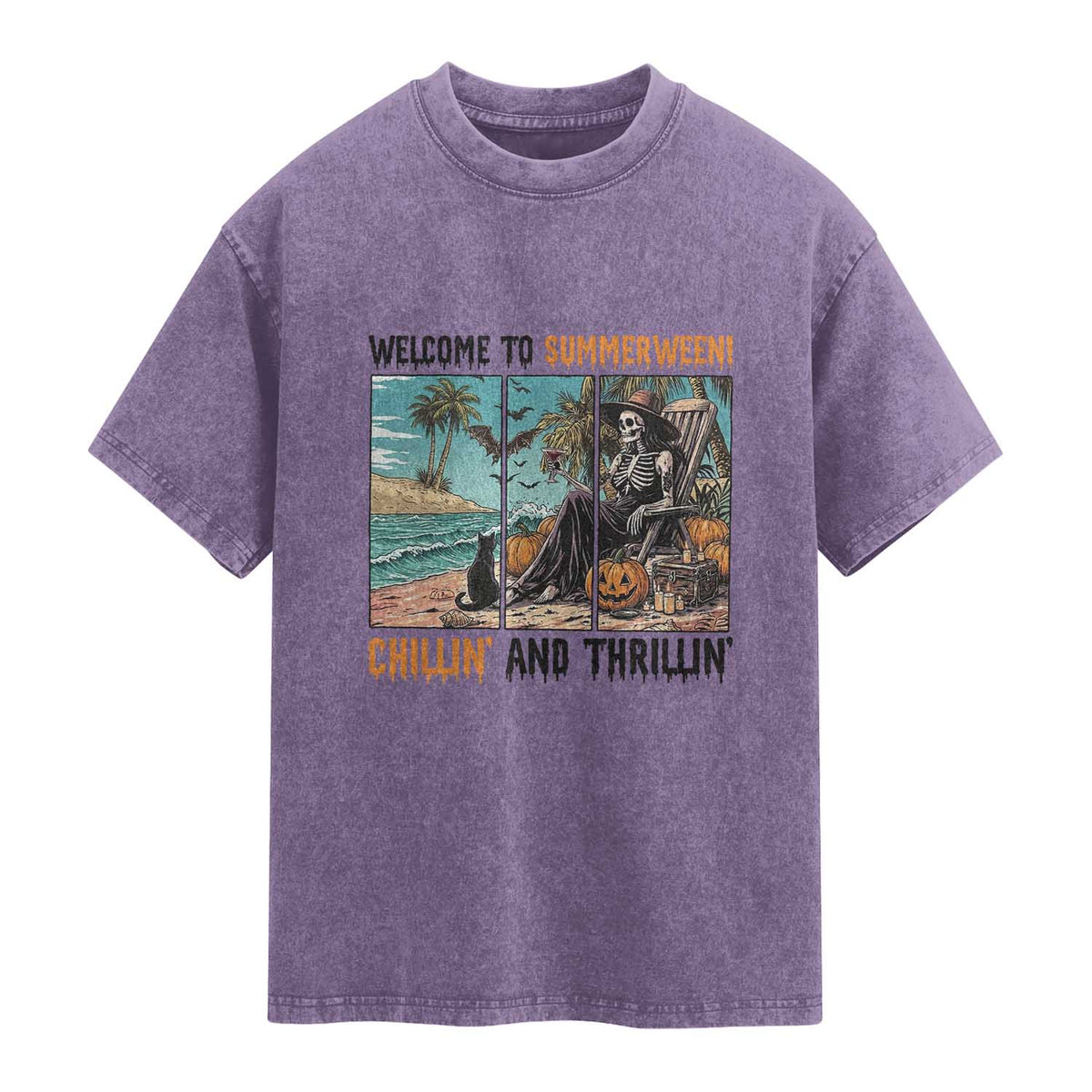 Welcome To Summerween Chillin And Thrillin Washed Cotton T-Shirt Spooky Beach Party Gift