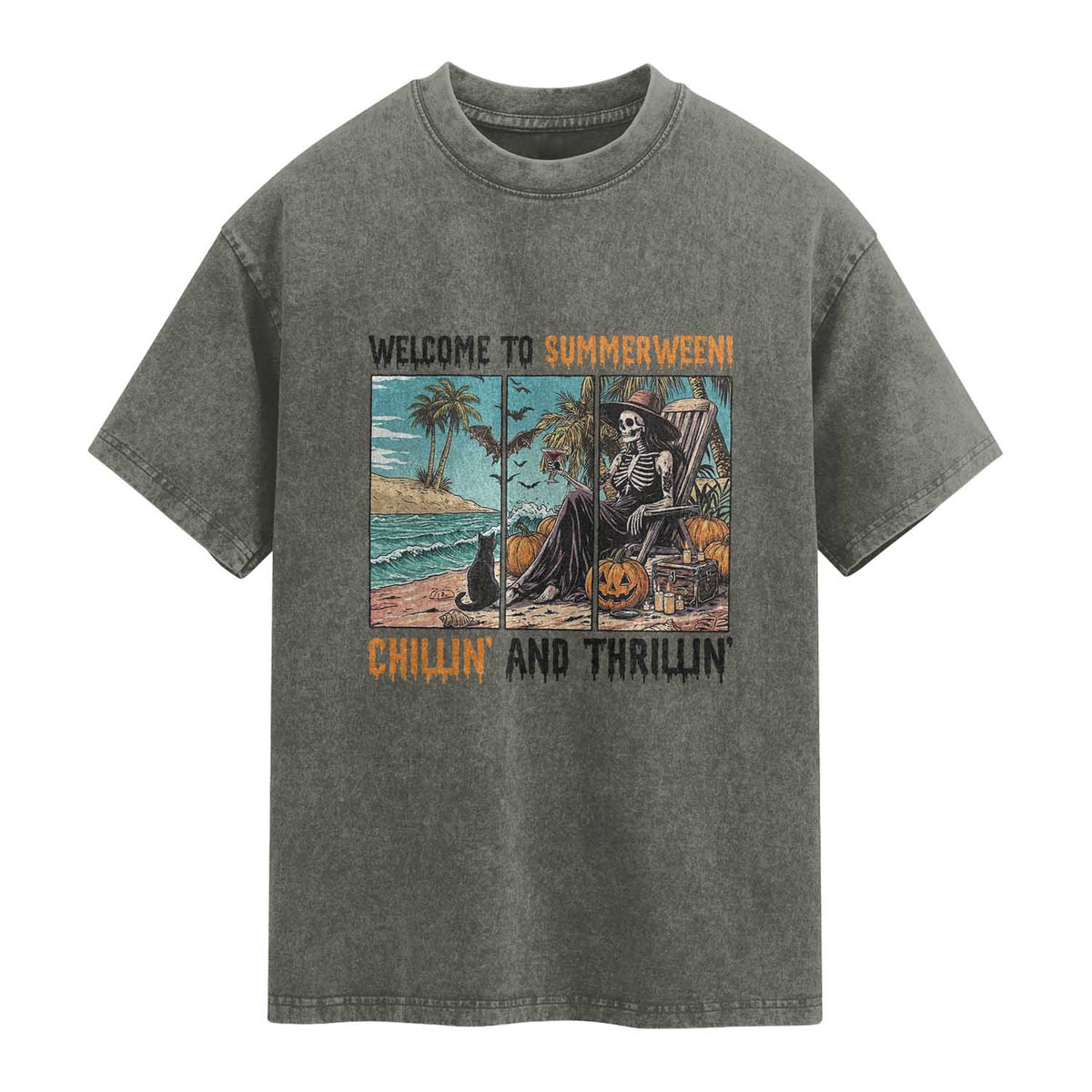 Welcome To Summerween Chillin And Thrillin Washed Cotton T-Shirt Spooky Beach Party Gift