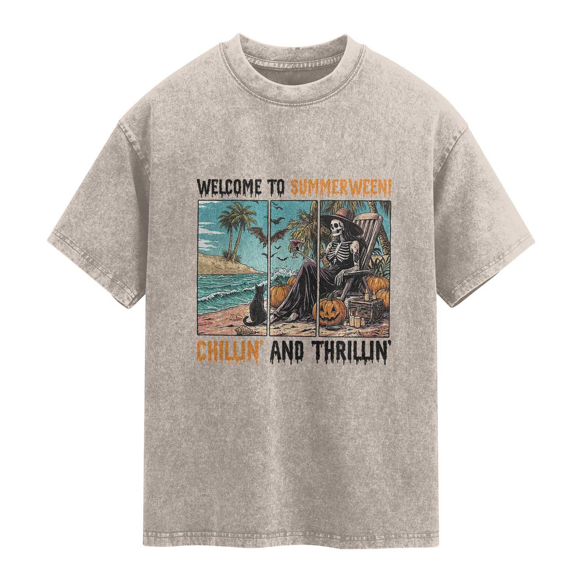 Welcome To Summerween Chillin And Thrillin Washed Cotton T-Shirt Spooky Beach Party Gift