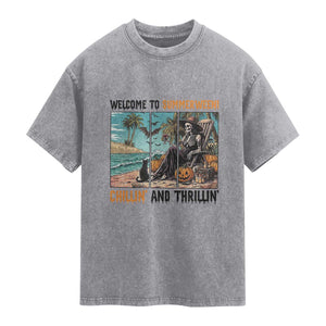 Welcome To Summerween Chillin And Thrillin Washed Cotton T-Shirt Spooky Beach Party Gift