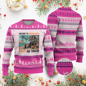Welcome To Summerween Chillin And Thrillin Ugly Christmas Sweater Spooky Beach Party Gift TS12 Hot Pink Print Your Wear