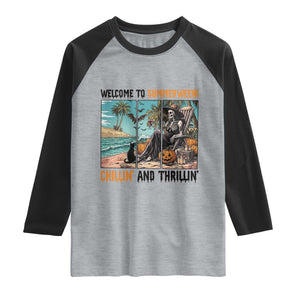 Welcome To Summerween Chillin And Thrillin Raglan Shirt Spooky Beach Party Gift TS12 Heather Gray Black Print Your Wear