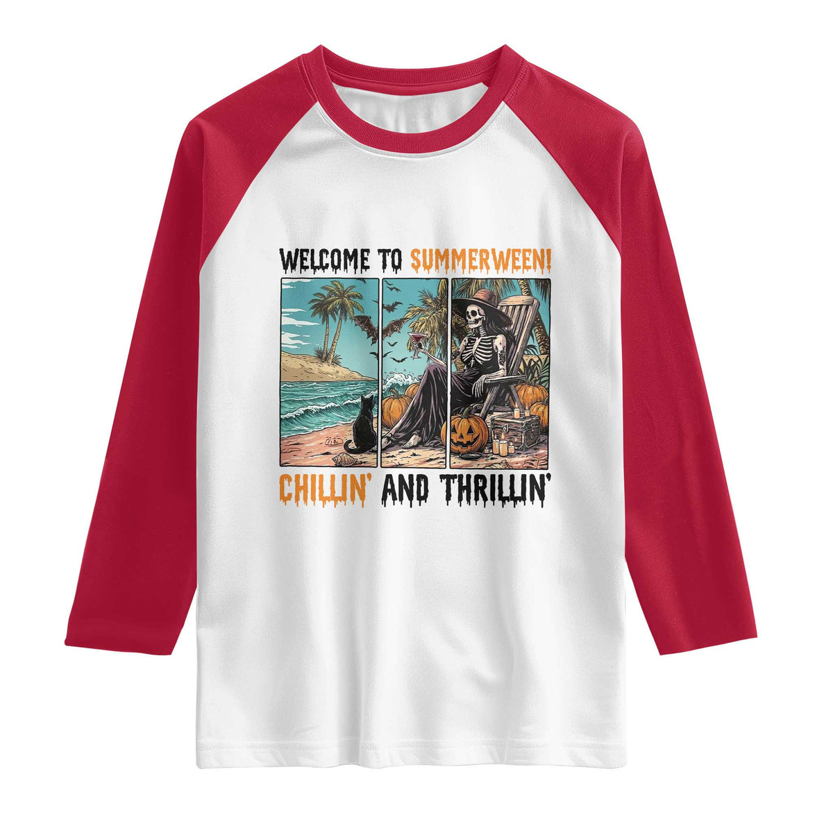 Welcome To Summerween Chillin And Thrillin Raglan Shirt Spooky Beach Party Gift TS12 White Red Print Your Wear
