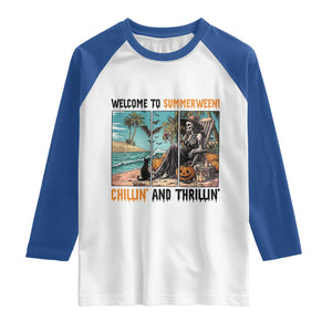 Welcome To Summerween Chillin And Thrillin Raglan Shirt Spooky Beach Party Gift TS12 White Royal Print Your Wear