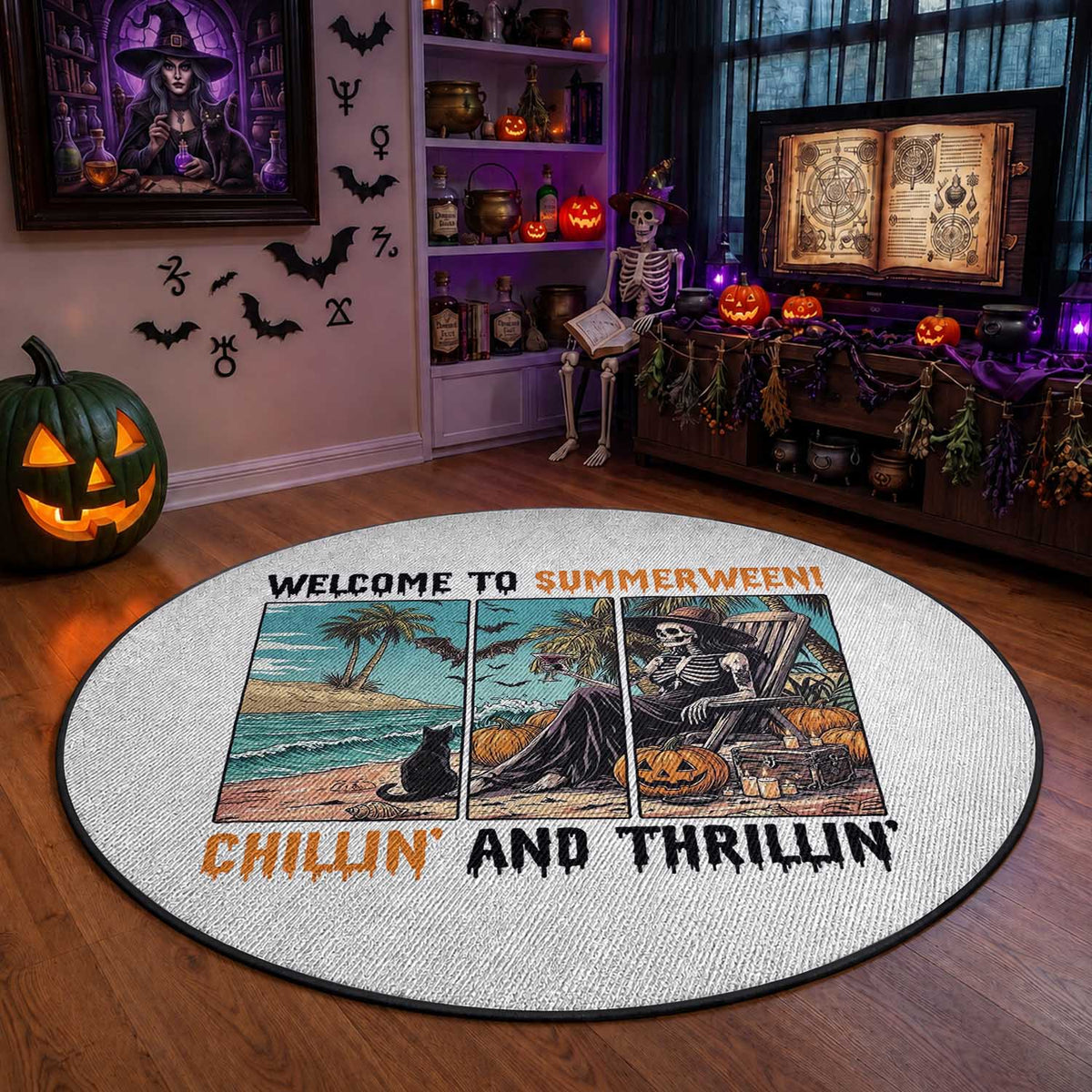 Welcome To Summerween Chillin And Thrillin Round Rug Spooky Beach Party Gift