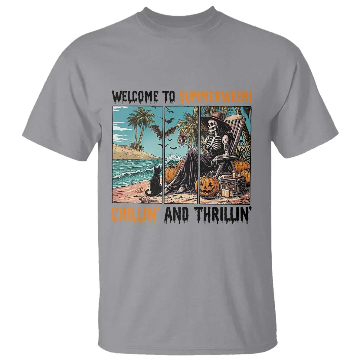 Welcome To Summerween Chillin And Thrillin T Shirt Spooky Beach Party Gift TS12 Sport Gray Print Your Wear