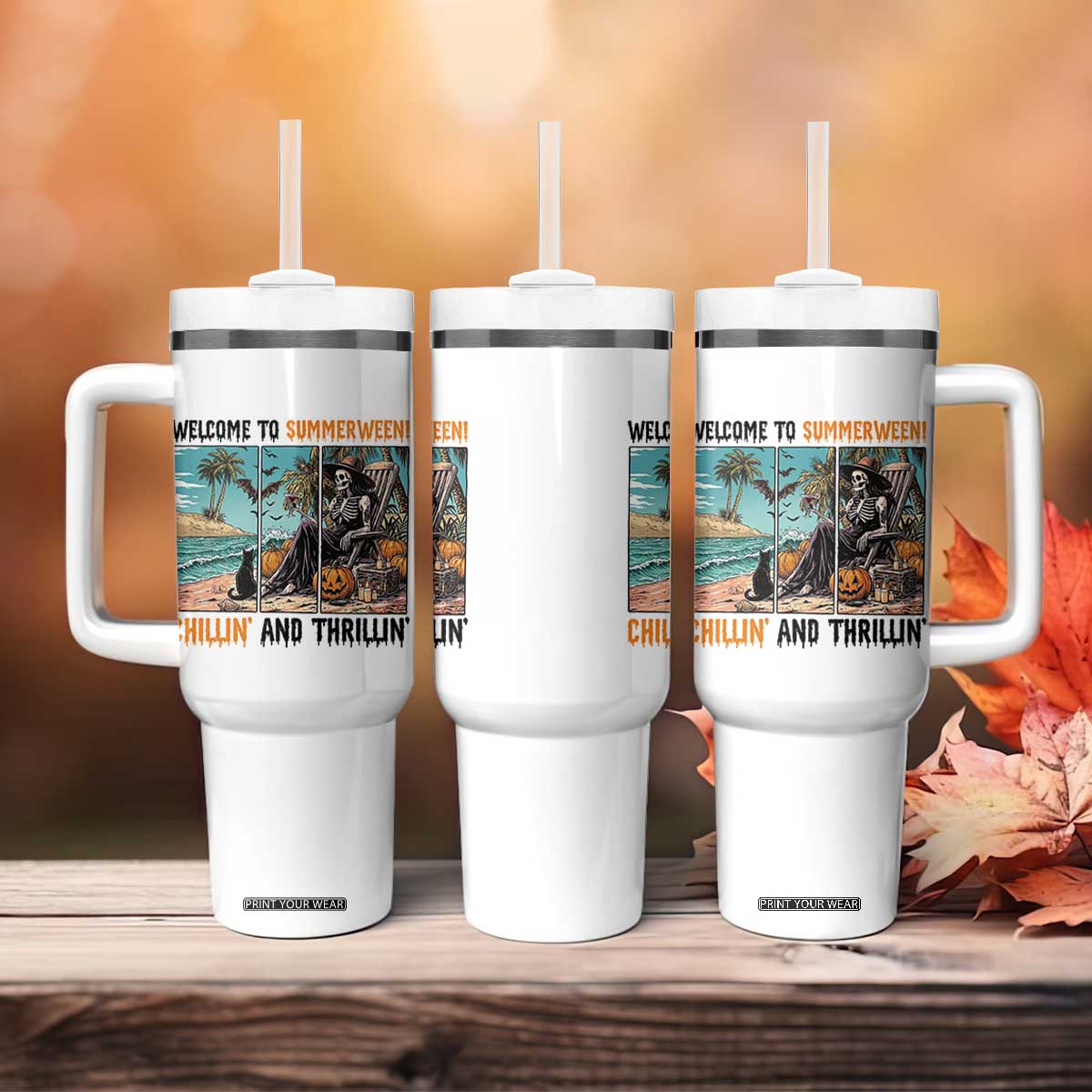 Welcome To Summerween Chillin And Thrillin Tumbler With Handle Spooky Beach Party Gift TS12 Print Your Wear