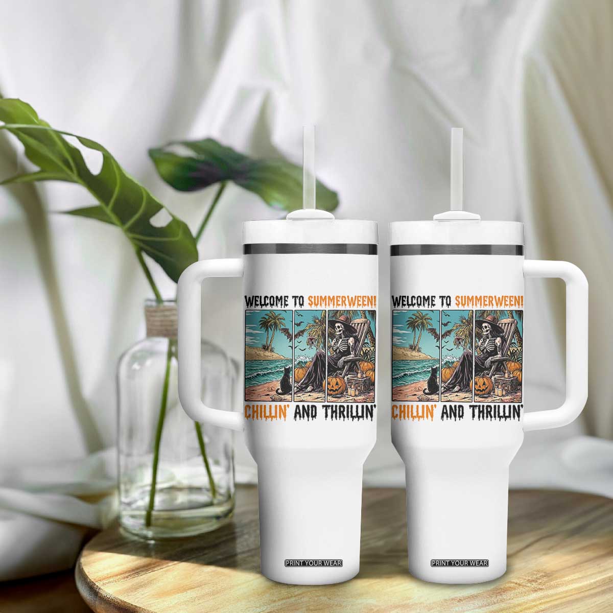 Welcome To Summerween Chillin And Thrillin Tumbler With Handle Spooky Beach Party Gift TS12 Print Your Wear