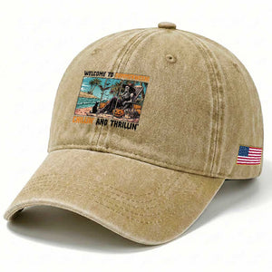 Welcome To Summerween Chillin And Thrillin Washed Cotton Baseball Cap Spooky Beach Party Gift TS12 Print Your Wear