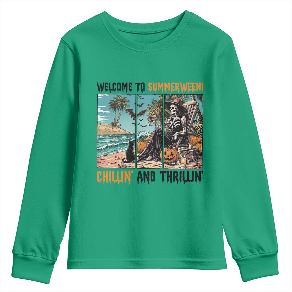 Welcome To Summerween Chillin And Thrillin Youth Sweatshirt Spooky Beach Party Gift TS12 Irish Green Print Your Wear