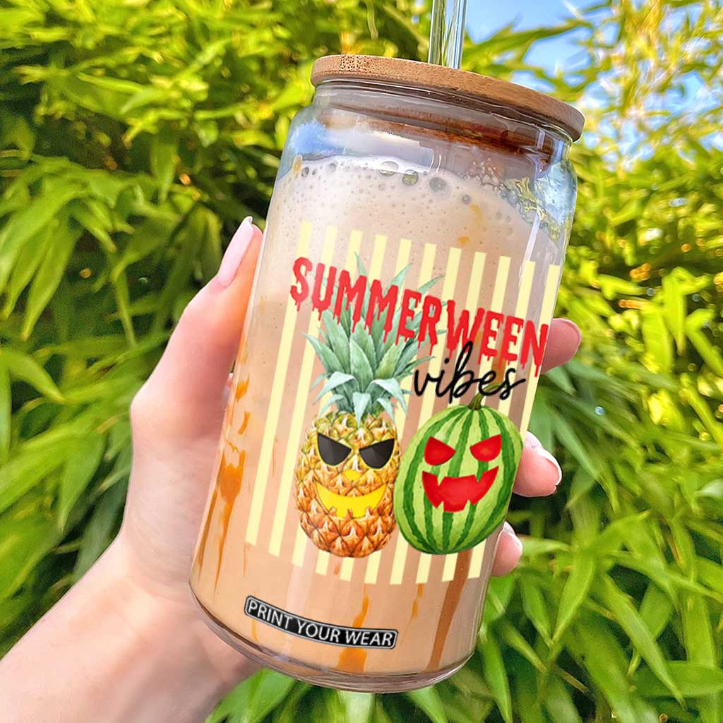 Funny Summerween Fruit Glass Can Spooky Pineapple Watermelon Graphic TS12 White Print Your Wear