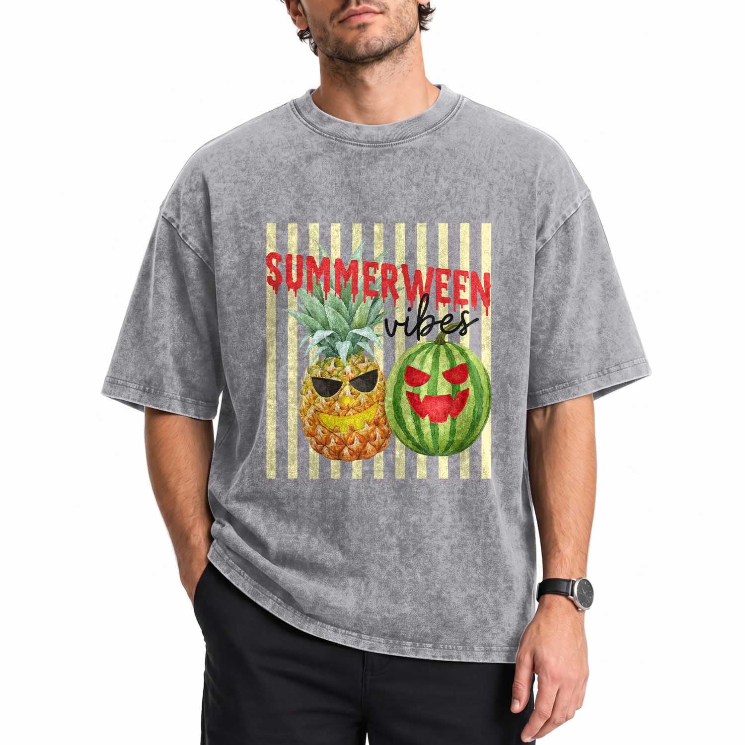 Funny Summerween Fruit Washed Cotton T-Shirt Spooky Pineapple Watermelon Graphic