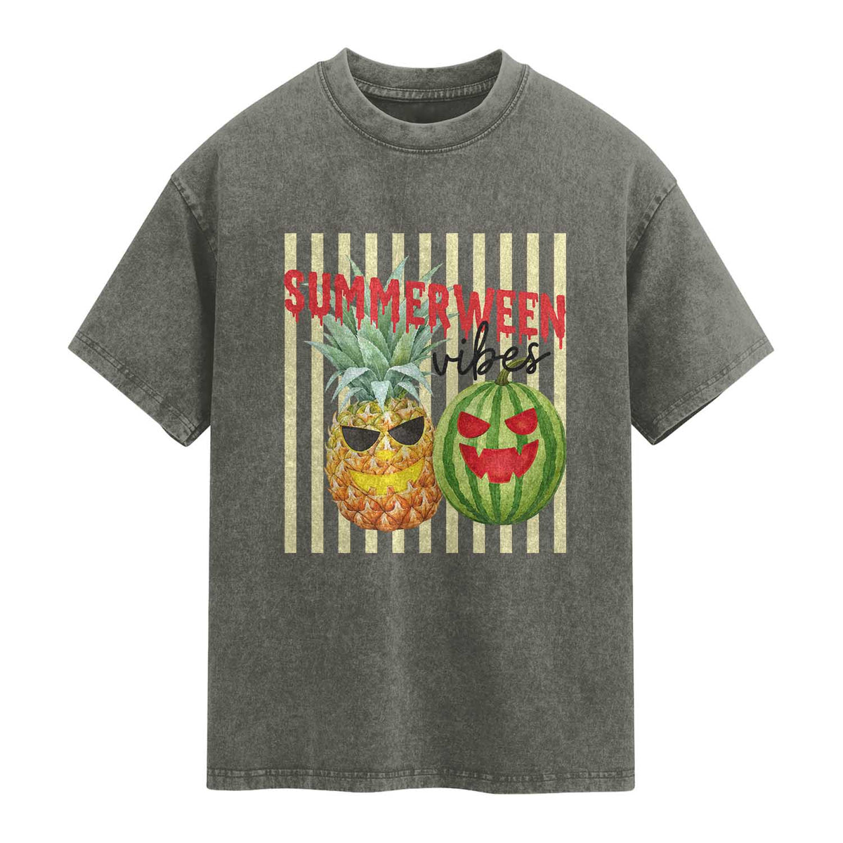 Funny Summerween Fruit Washed Cotton T-Shirt Spooky Pineapple Watermelon Graphic