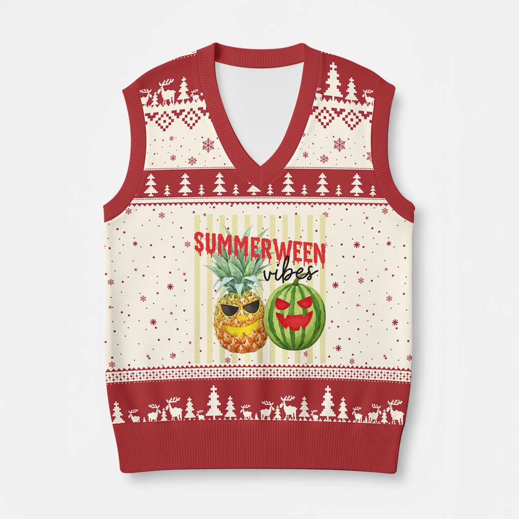 Funny Summerween Fruit V-Neck Knit Sweater Vest Spooky Pineapple Watermelon Graphic TS12 Beige Red Print Your Wear