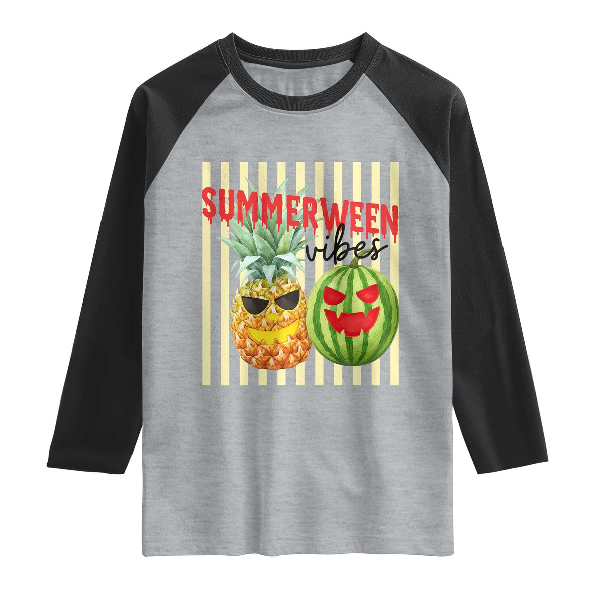 Funny Summerween Fruit Raglan Shirt Spooky Pineapple Watermelon Graphic TS12 Heather Gray Black Print Your Wear