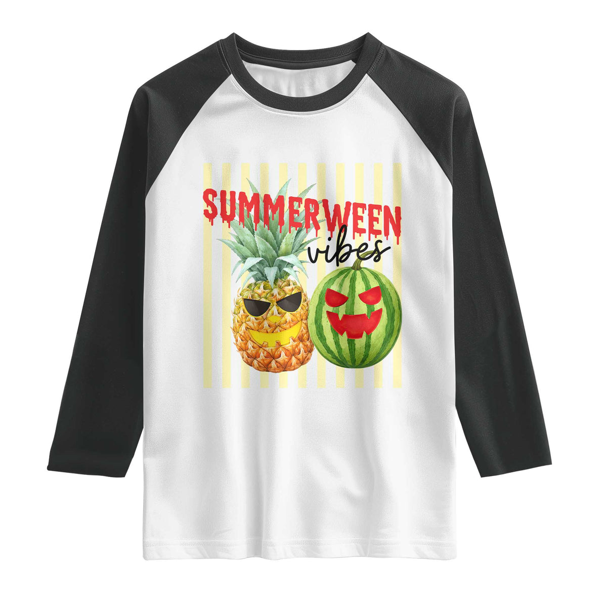 Funny Summerween Fruit Raglan Shirt Spooky Pineapple Watermelon Graphic TS12 White Black Print Your Wear