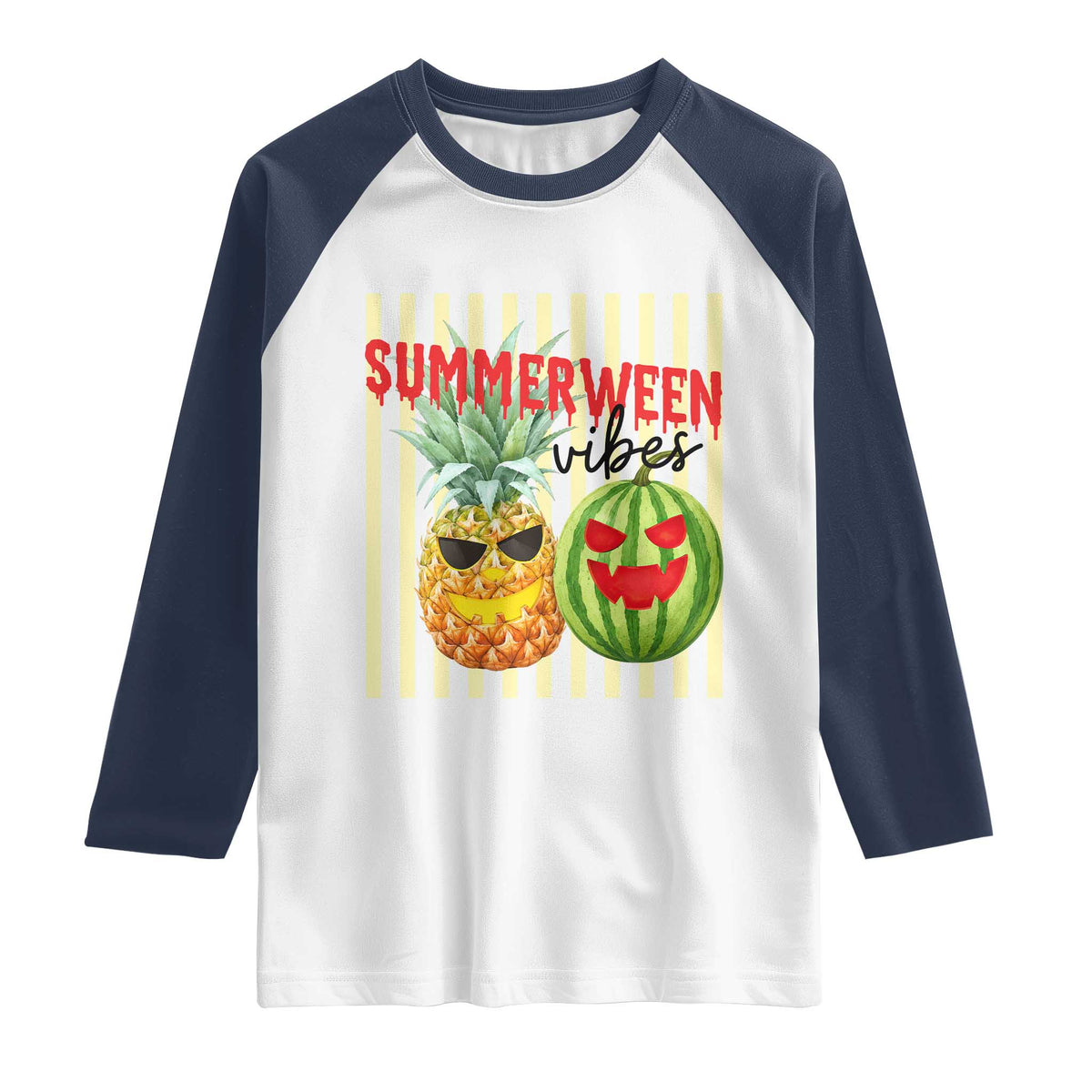 Funny Summerween Fruit Raglan Shirt Spooky Pineapple Watermelon Graphic TS12 White Navy Print Your Wear
