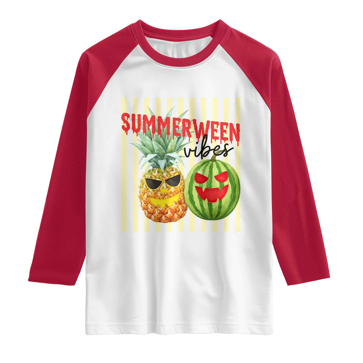 Funny Summerween Fruit Raglan Shirt Spooky Pineapple Watermelon Graphic TS12 White Red Print Your Wear