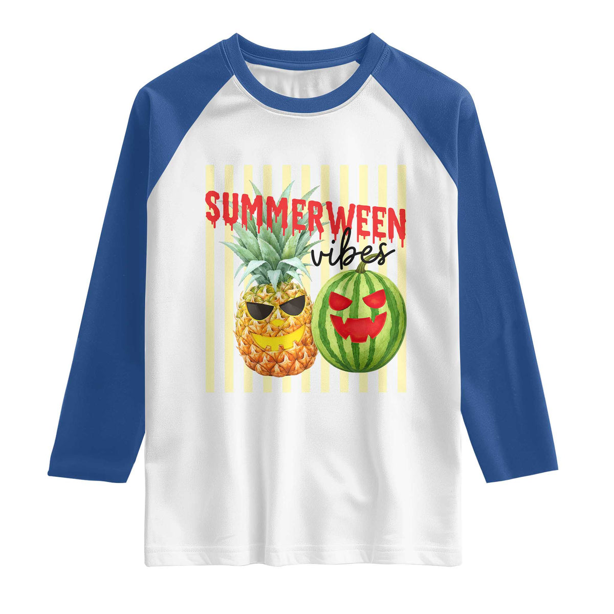 Funny Summerween Fruit Raglan Shirt Spooky Pineapple Watermelon Graphic TS12 White Royal Print Your Wear