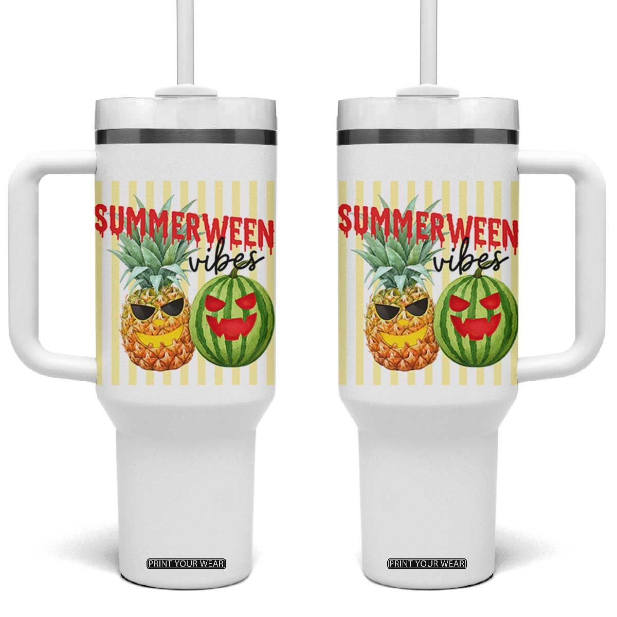 Funny Summerween Fruit Tumbler With Handle Spooky Pineapple Watermelon Graphic TS12 One Size: 40 oz White Print Your Wear