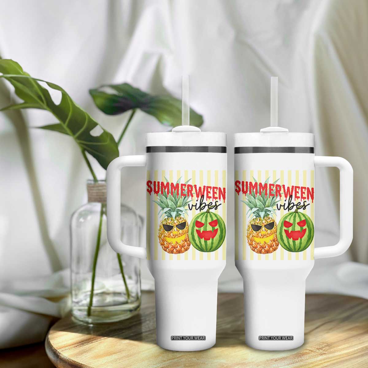 Funny Summerween Fruit Tumbler With Handle Spooky Pineapple Watermelon Graphic TS12 Print Your Wear