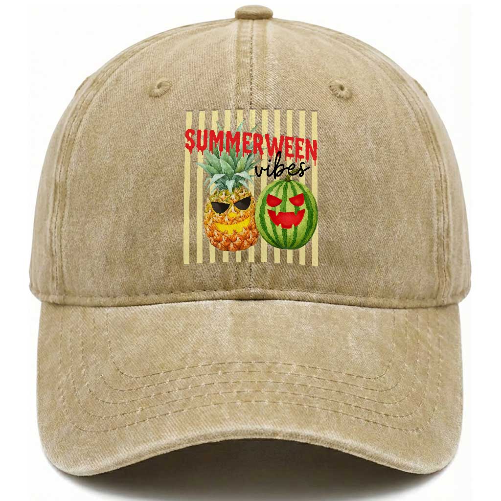 Funny Summerween Fruit Washed Cotton Baseball Cap Spooky Pineapple Watermelon Graphic TS12 Print Your Wear