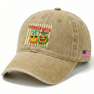 Funny Summerween Fruit Washed Cotton Baseball Cap Spooky Pineapple Watermelon Graphic TS12 Print Your Wear