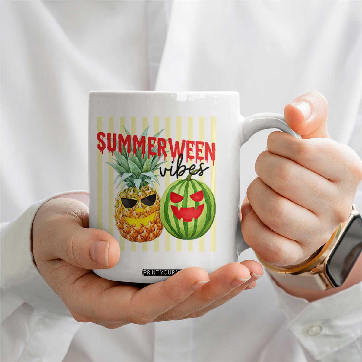 Funny Summerween Fruit Coffee Mug Spooky Pineapple Watermelon Graphic TS12 Print Your Wear