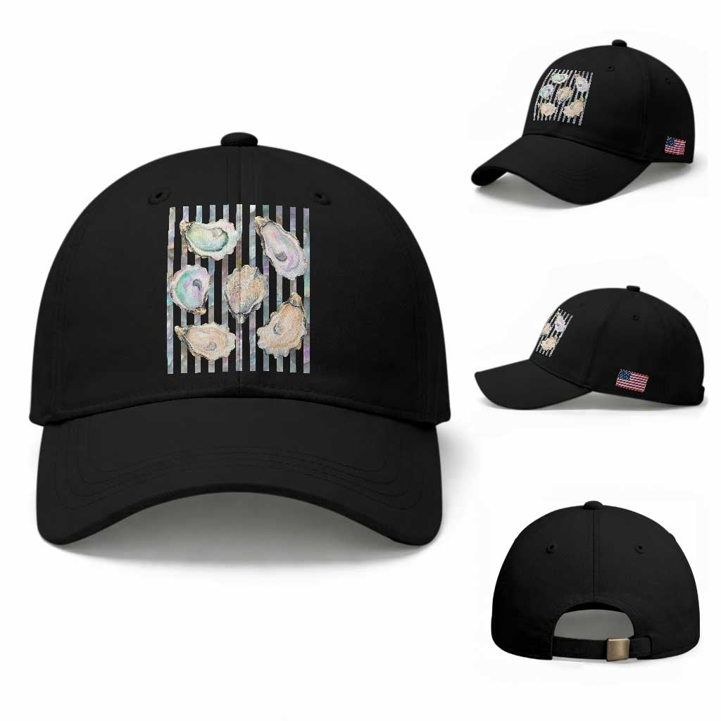 Striped Glitter Oyster Shell Baseball Cap Coastal Summer Ocean Gift TS12 Baseball Cap Universal Fit Black Print Your Wear