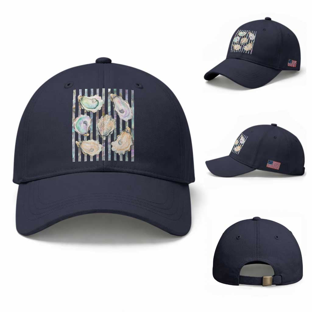 Striped Glitter Oyster Shell Baseball Cap Coastal Summer Ocean Gift TS12 Baseball Cap Universal Fit Navy Print Your Wear