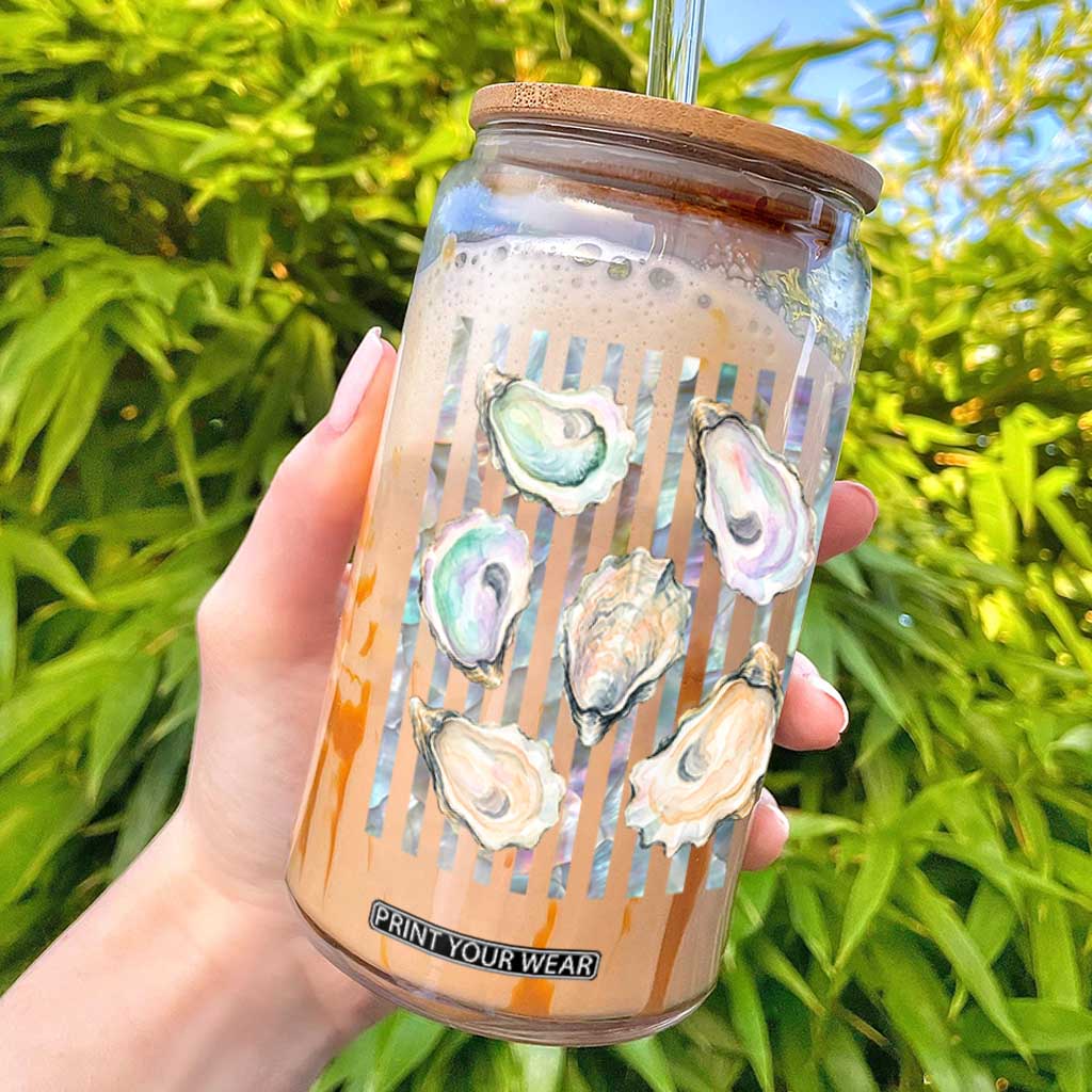 Striped Glitter Oyster Shell Glass Can Coastal Summer Ocean Gift TS12 Black Print Your Wear