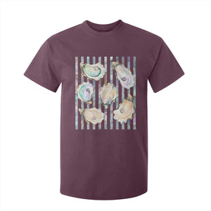Striped Glitter Oyster Shell T Shirt For Kid Coastal Summer Ocean Gift TS12 Maroon Print Your Wear