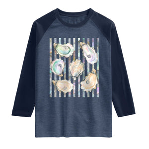 Striped Glitter Oyster Shell Raglan Shirt Coastal Summer Ocean Gift TS12 Heather Denim Navy Print Your Wear