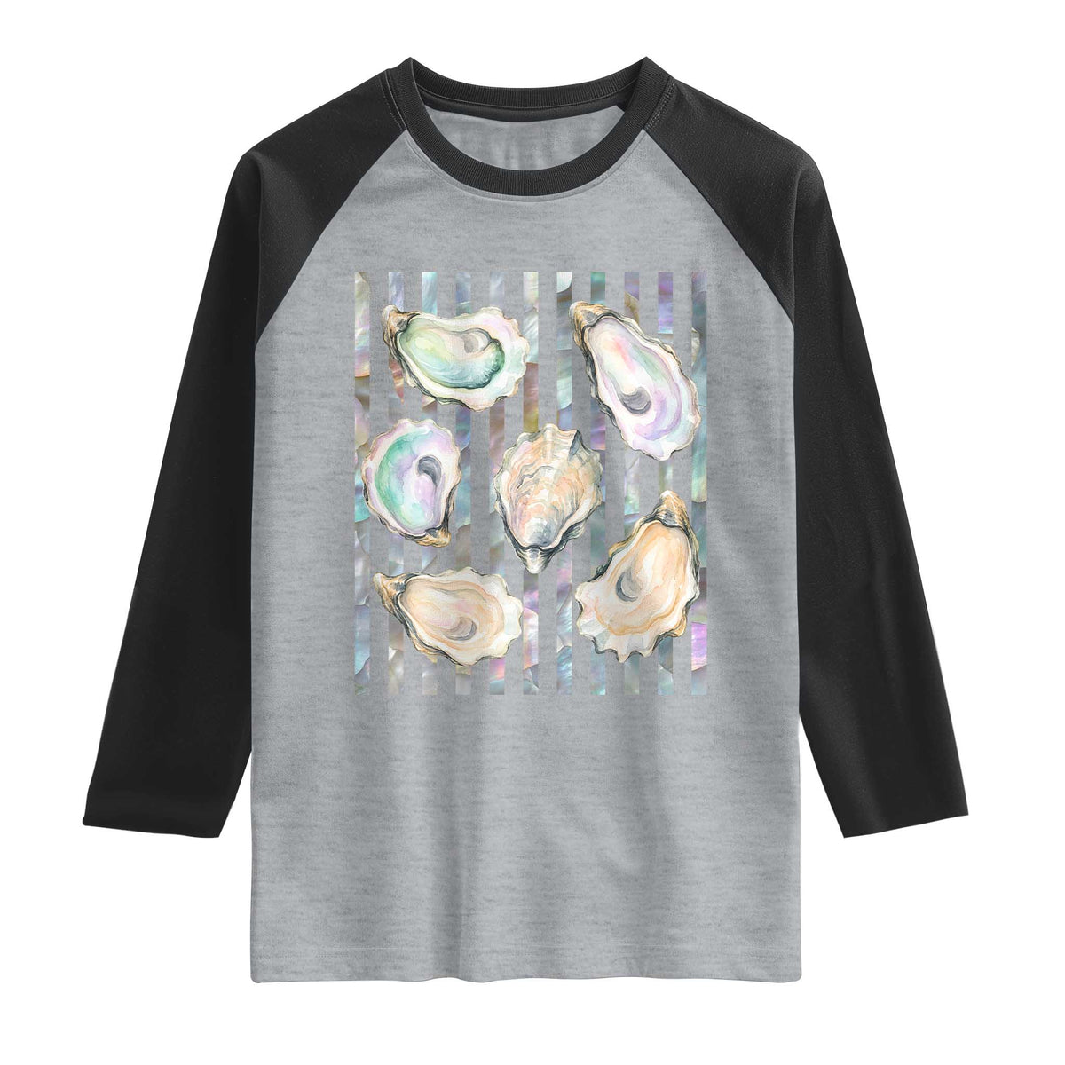 Striped Glitter Oyster Shell Raglan Shirt Coastal Summer Ocean Gift TS12 Heather Gray Black Print Your Wear