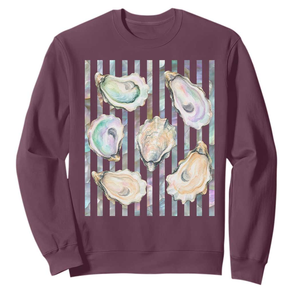 Striped Glitter Oyster Shell Sweatshirt Coastal Summer Ocean Gift TS12 Maroon Print Your Wear