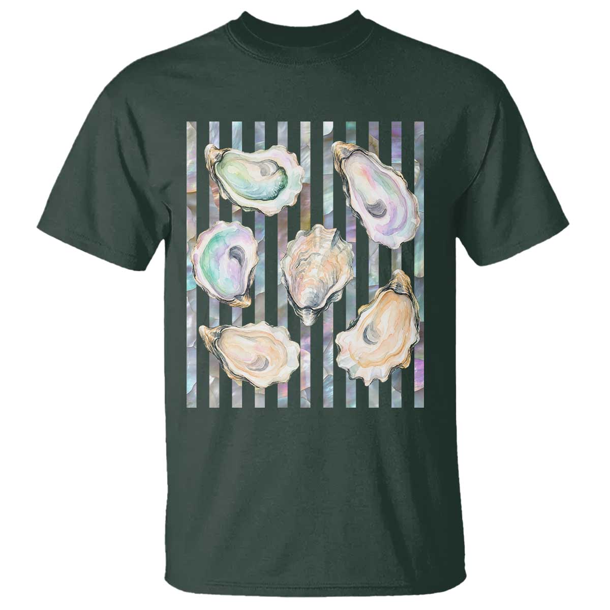 Striped Glitter Oyster Shell T Shirt Coastal Summer Ocean Gift TS12 Dark Forest Green Print Your Wear
