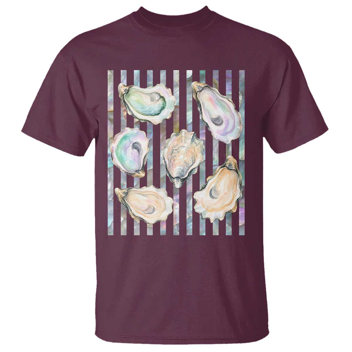 Striped Glitter Oyster Shell T Shirt Coastal Summer Ocean Gift TS12 Maroon Print Your Wear