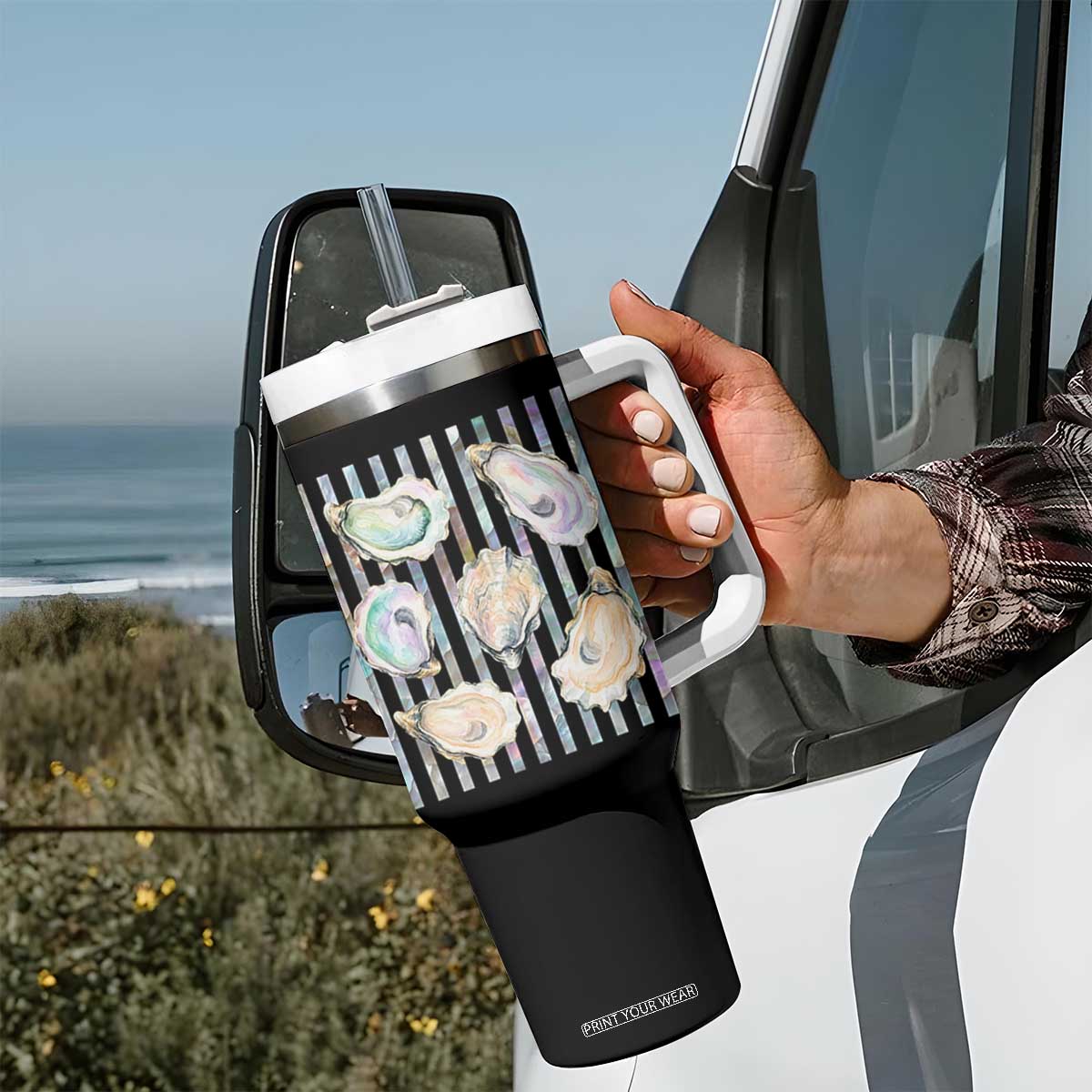 Striped Glitter Oyster Shell Tumbler With Handle Coastal Summer Ocean Gift TS12 Print Your Wear