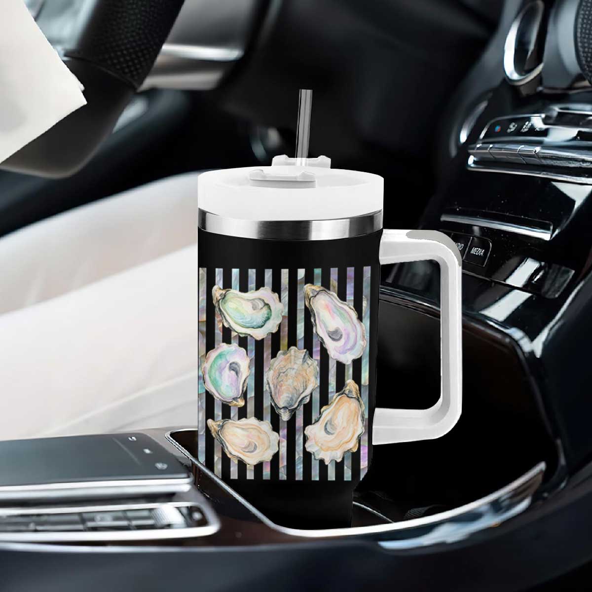 Striped Glitter Oyster Shell Tumbler With Handle Coastal Summer Ocean Gift TS12 Print Your Wear