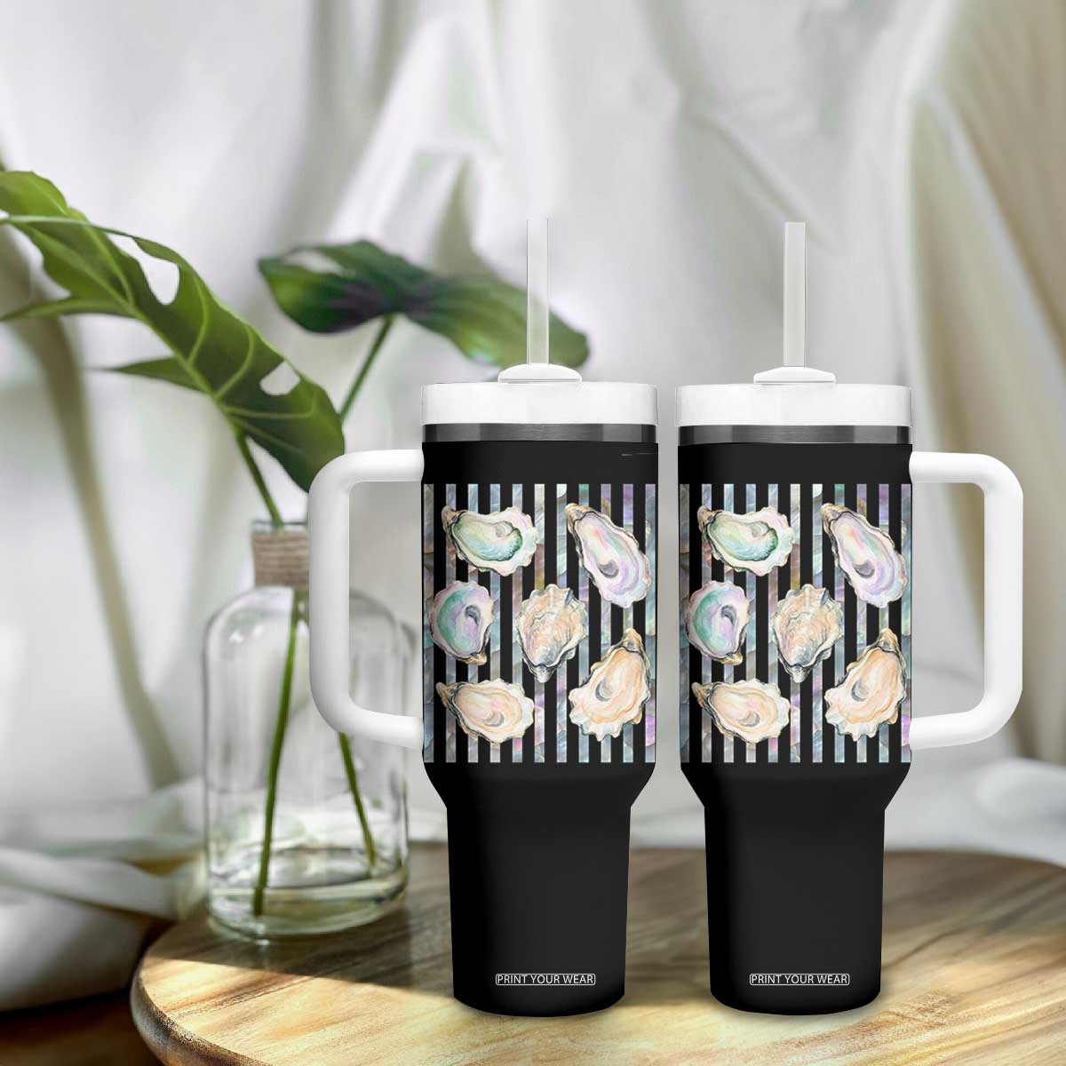 Striped Glitter Oyster Shell Tumbler With Handle Coastal Summer Ocean Gift TS12 Print Your Wear