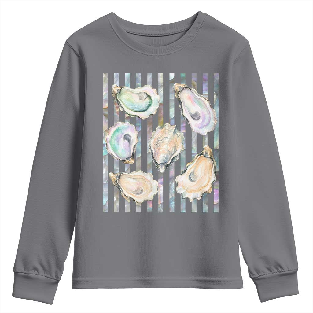 Striped Glitter Oyster Shell Youth Sweatshirt Coastal Summer Ocean Gift TS12 Charcoal Print Your Wear