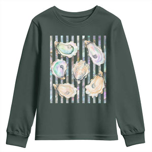Striped Glitter Oyster Shell Youth Sweatshirt Coastal Summer Ocean Gift TS12 Dark Forest Green Print Your Wear