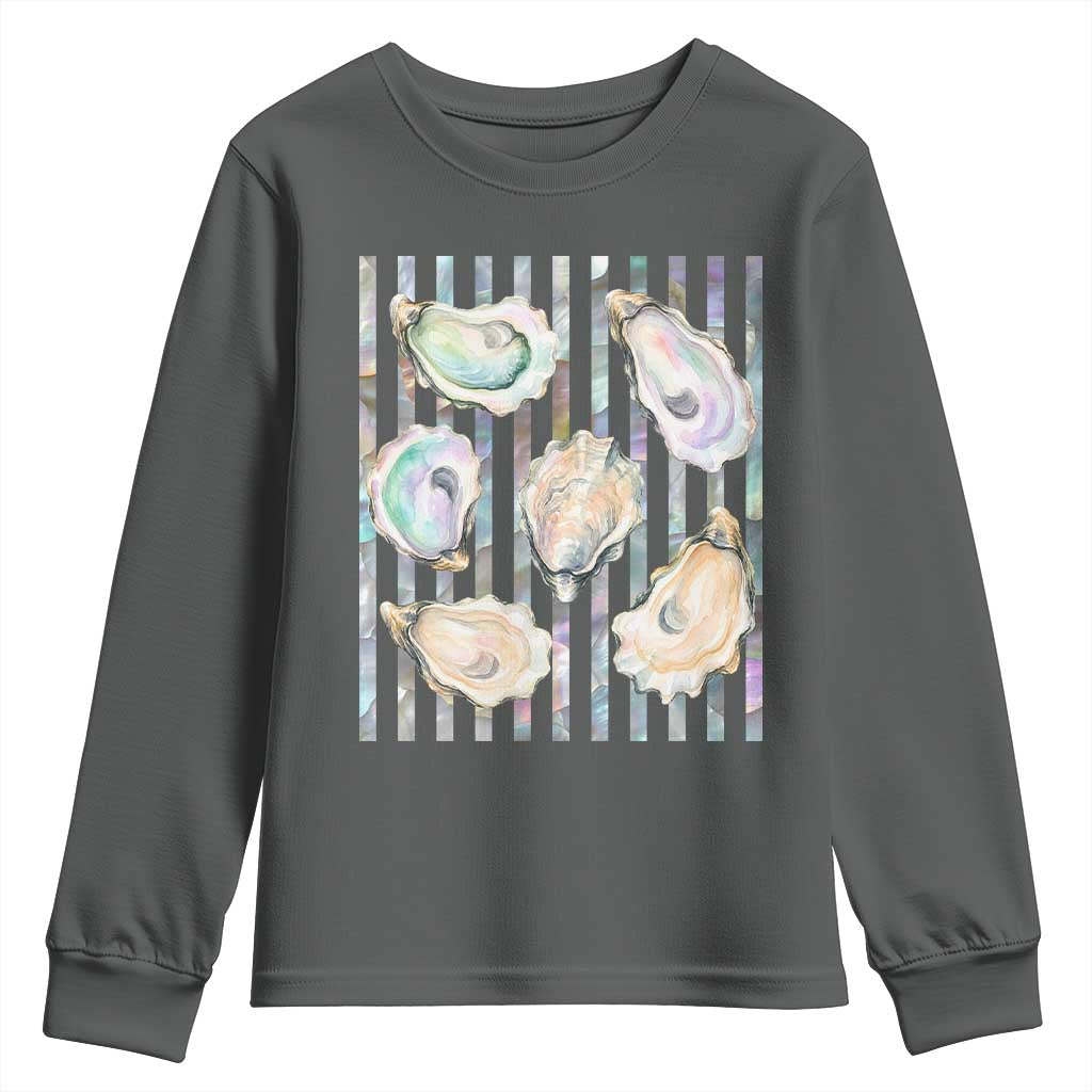 Striped Glitter Oyster Shell Youth Sweatshirt Coastal Summer Ocean Gift TS12 Dark Heather Print Your Wear