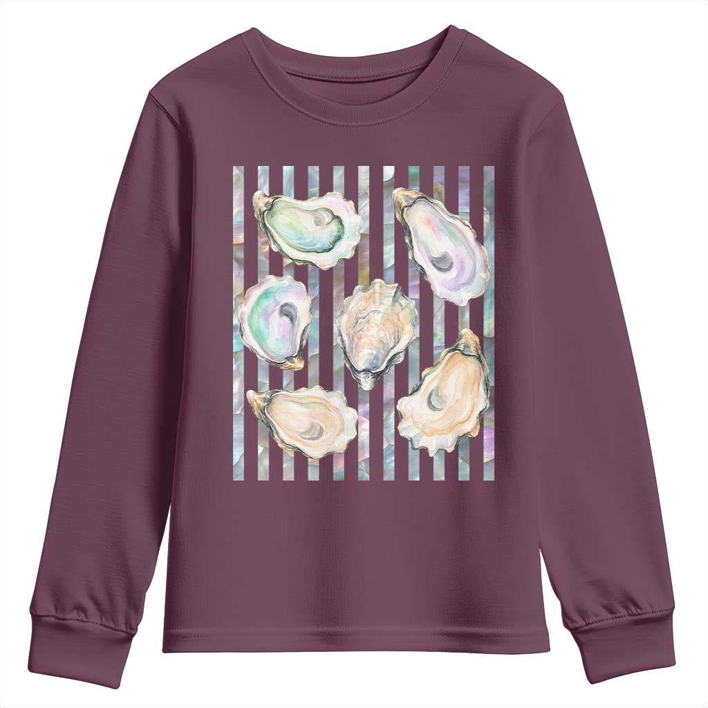 Striped Glitter Oyster Shell Youth Sweatshirt Coastal Summer Ocean Gift TS12 Maroon Print Your Wear