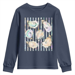 Striped Glitter Oyster Shell Youth Sweatshirt Coastal Summer Ocean Gift TS12 Navy Print Your Wear